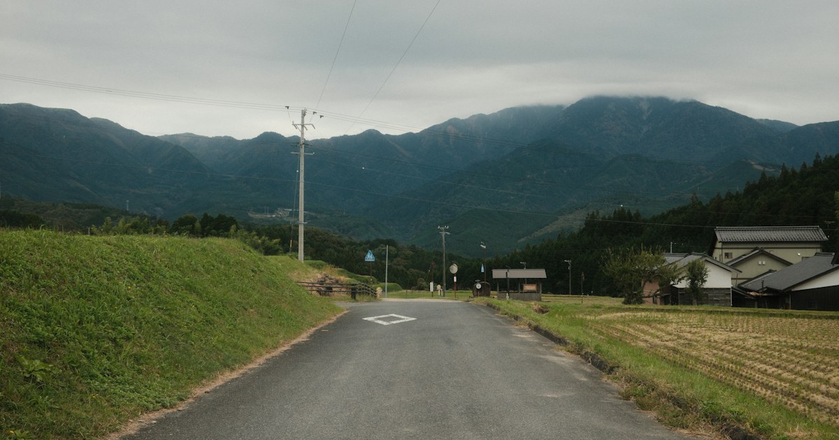 山あいへ続く道を見渡す